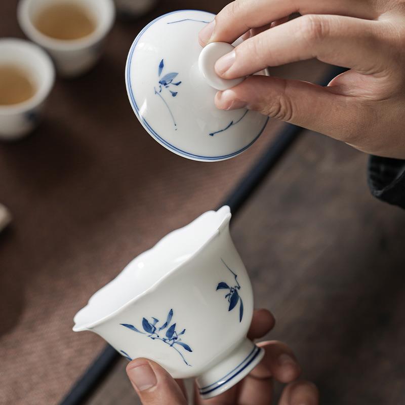 猪油白纯手绘花口二才盖碗中国白蝴蝶兰花边盖碗釉下彩主泡碗茶具