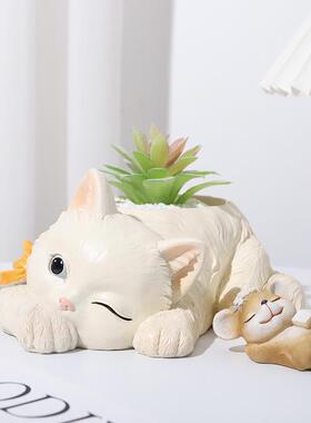 创意树脂趣味卡通猫咪老鼠组合微景观花盆桌面园艺多肉盆栽花器