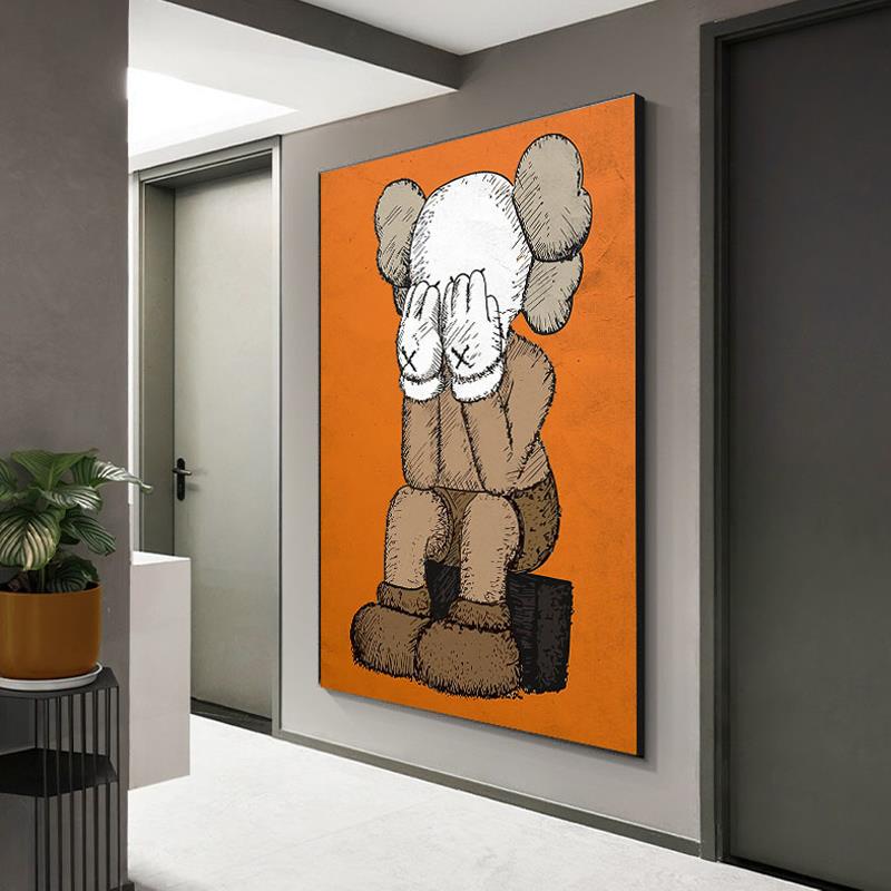 kaws潮牌公仔装饰画暴力熊玄关挂画客厅背景墙落地大画芝麻街橙色