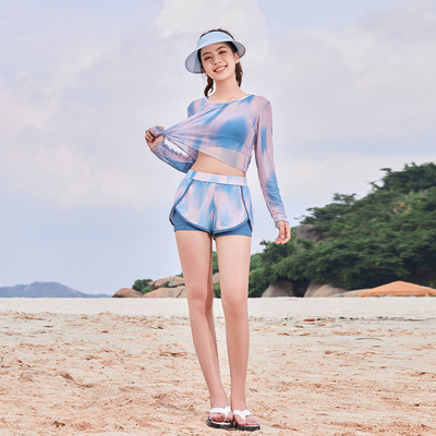 女泳衣套装海边三件套长袖罩衫2025年新款分体式平角泳裤游泳衣女