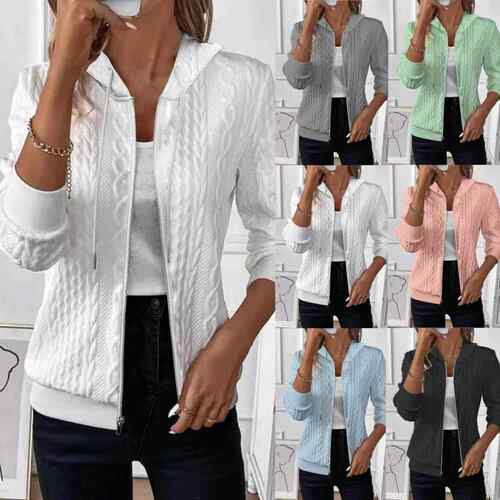 Long sleeved knitted zipper hooded sweatshirt jacket for