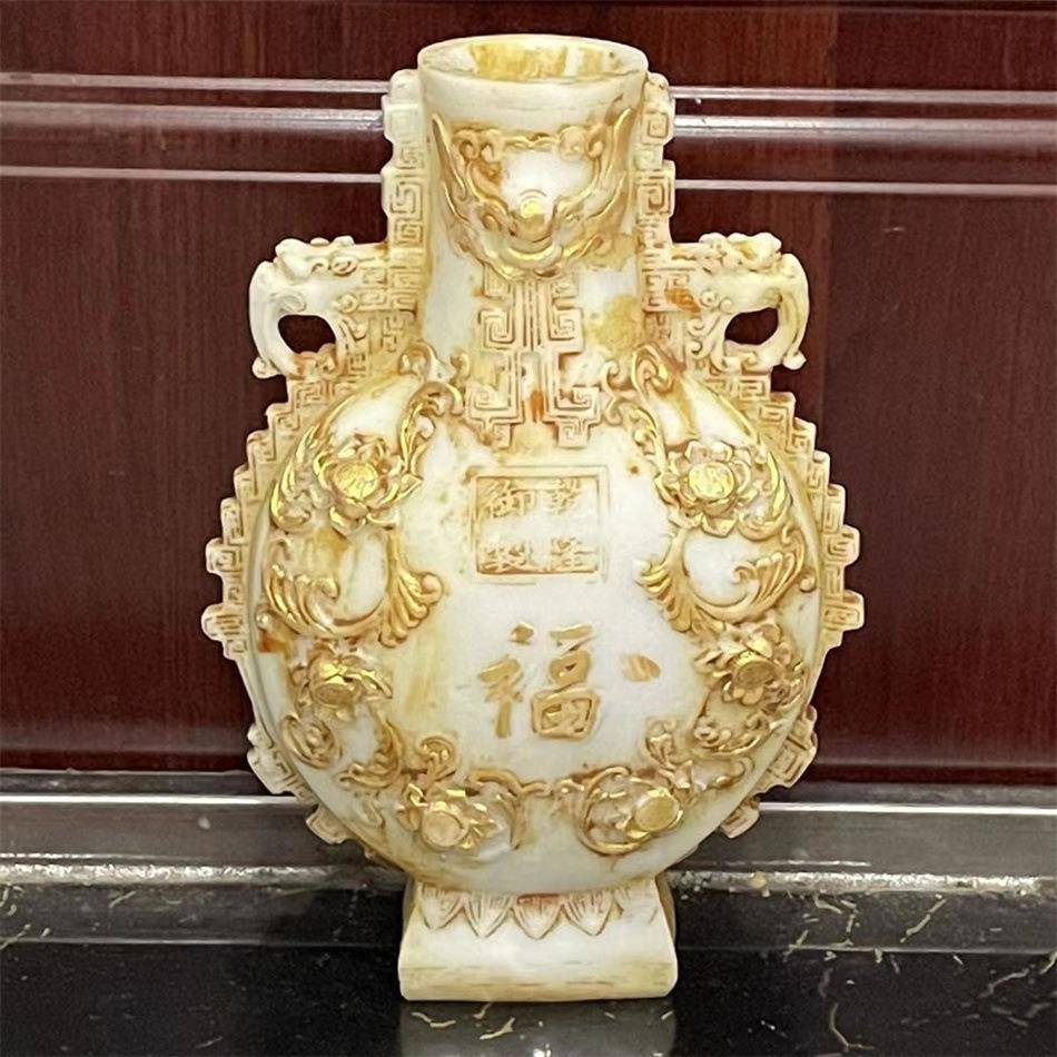 仿白玉花瓶 古董玉器古董把件 仿高古玉福寿花瓶摆件复古玉雕