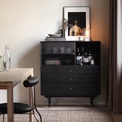 北欧表情/中古复古风/黑色系列/MAK玻璃移门全实木抽屉斗柜餐边柜