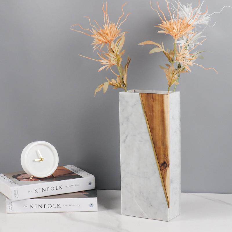 现代轻奢天然大理石拼接木花瓶花器样板间售楼处玄关软装饰品摆件
