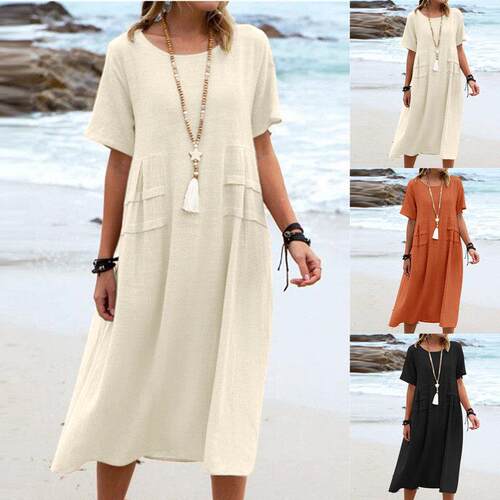 Round neck short sleeved medium length dress for women