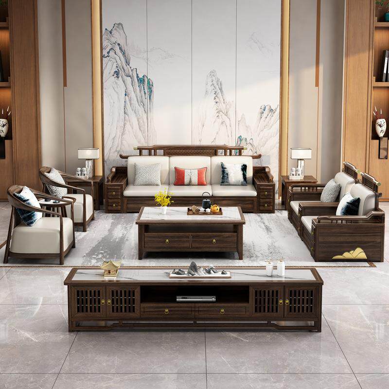 新中式储乌金5019#实木沙中发户小型冬夏两用家用客厅高箱物沙发