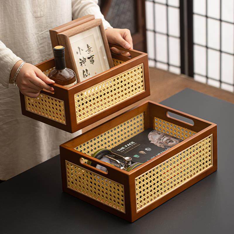 竹制藤编家居桌面收纳筐衣柜杂物化妆品编织收纳蓝储物整理收纳盒