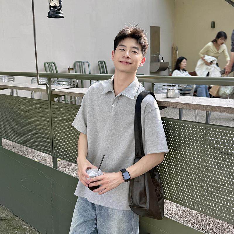 260g浅灰色V领纯色POLO衫短袖T恤男生2025新款夏季宽松上衣套头