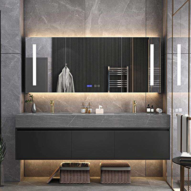 岩板一体双盆浴室柜组合智能洗手洗脸池卫生间洗漱台轻奢智能镜柜