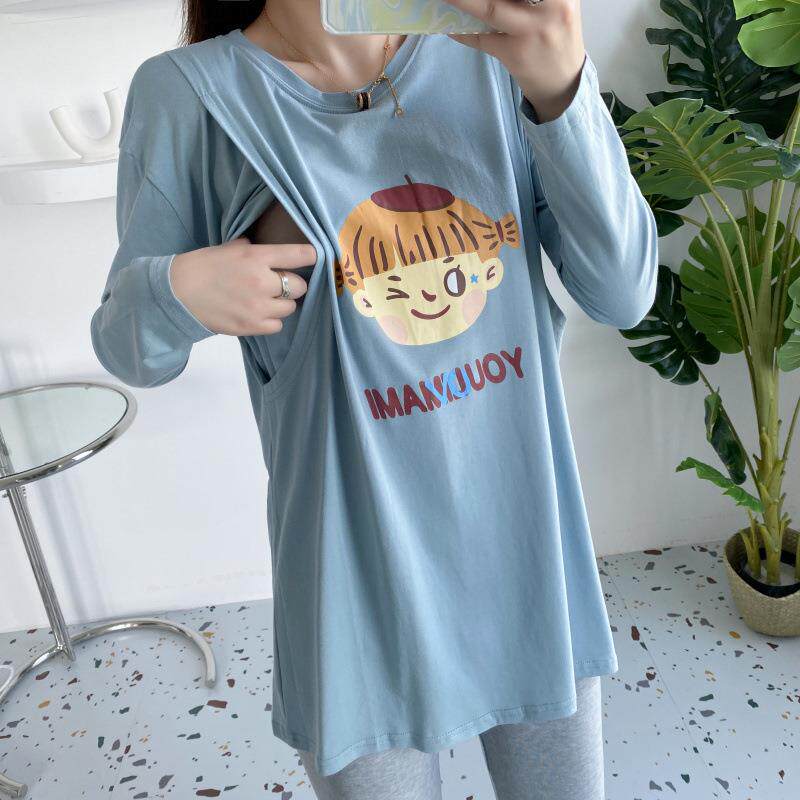 直销新款孕妇哺乳上衣秋季薄款长袖哺乳t恤卡通款哺乳衣外穿哺乳