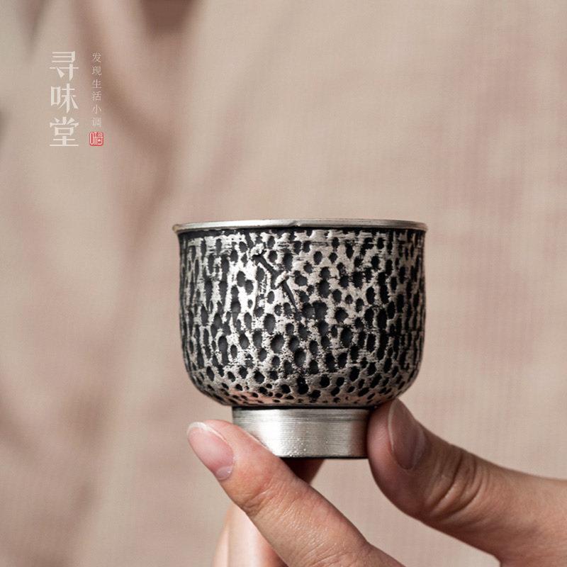 手工锤纹银彩品茗杯|覆古风小茶杯鎏银粗陶茶盏中式陶瓷功夫茶具