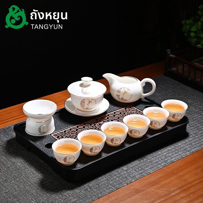 高档羊脂玉白瓷茶具套装家用德化中式盖碗茶杯功夫茶具办公室会客