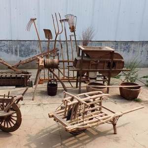 老旧农具农耕木耙木犁独轮手推车风车农村民俗怀旧老物件道具摆件
