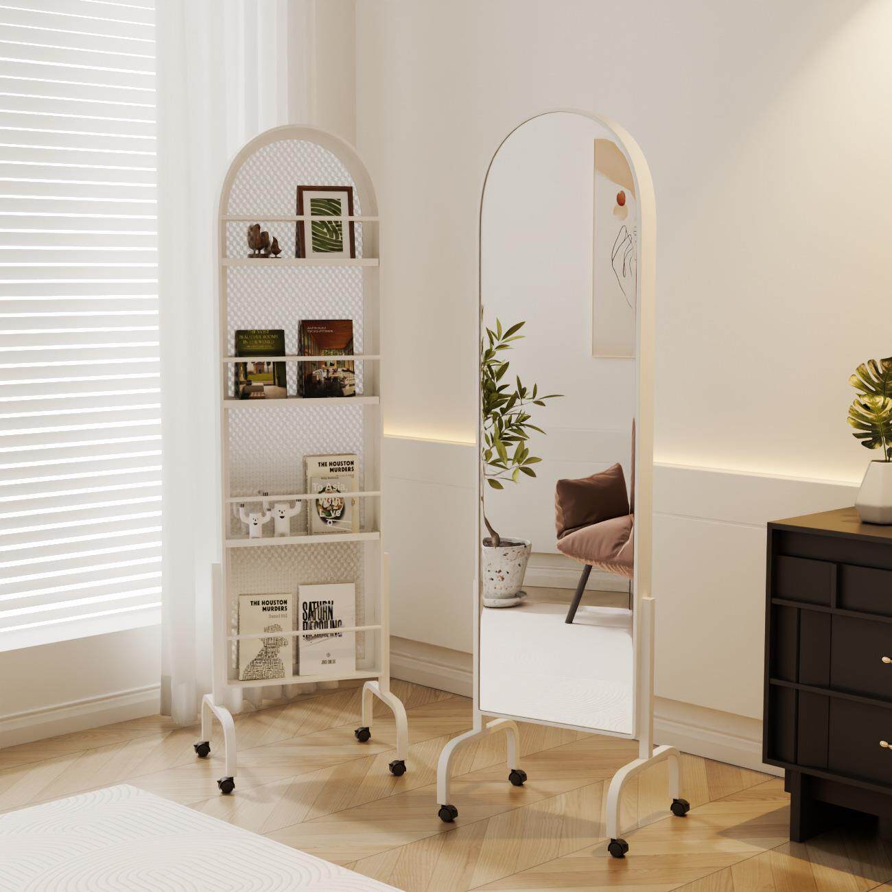 可移动全身镜铁艺置物架落地式多功能可收纳现代创意设计杂志架