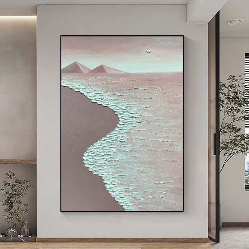 纯手绘油画沙滩海浪客厅装饰画现代玄关卧室挂画丙烯石英砂立体画图片