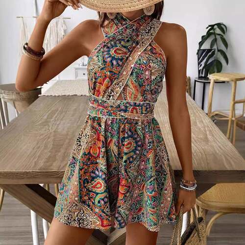 WomenS Halter Neck Printed Jumpsuit with Cross Straps