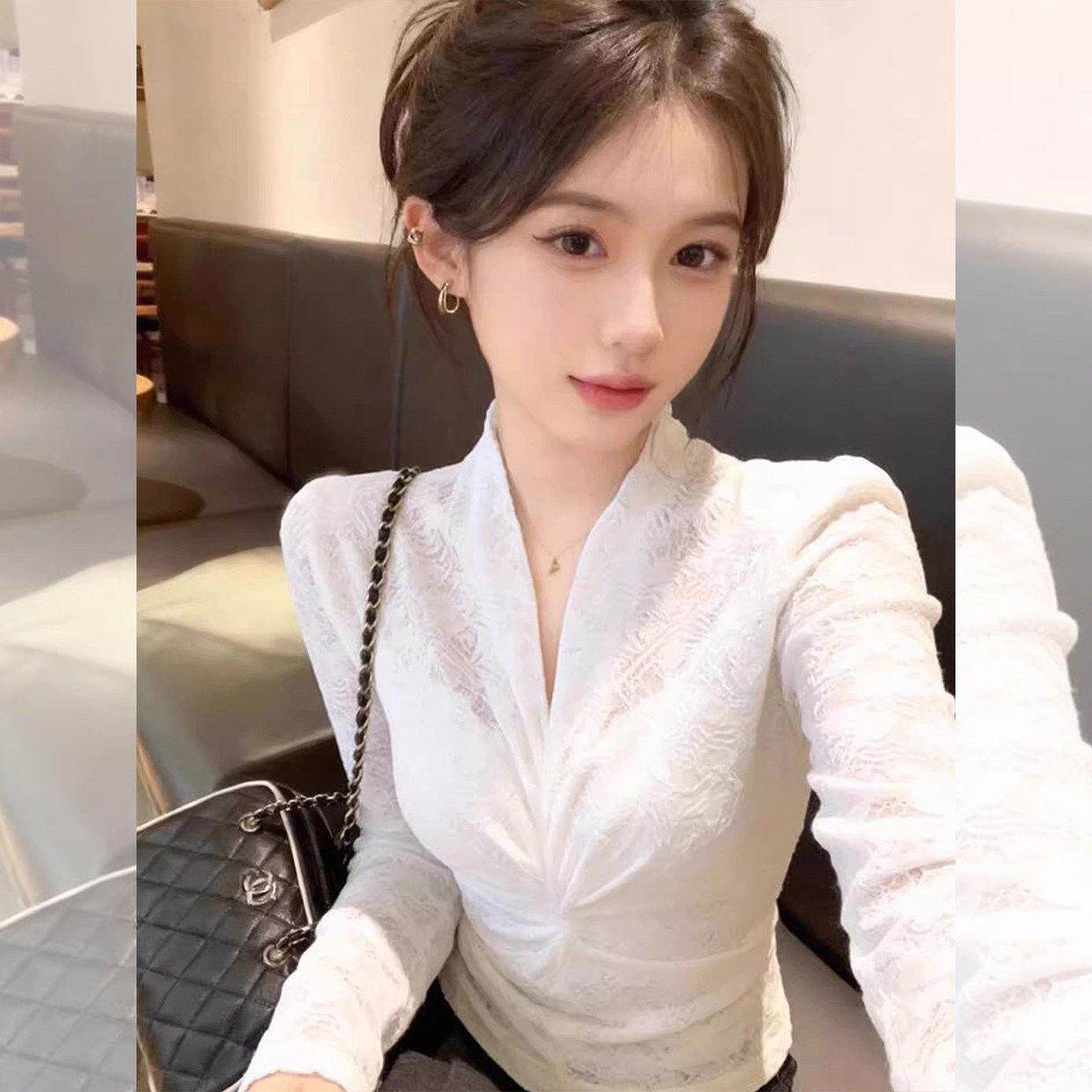 漂亮蕾丝拼接白色打底衫女2026春秋款高级感修身内搭气质T恤上衣