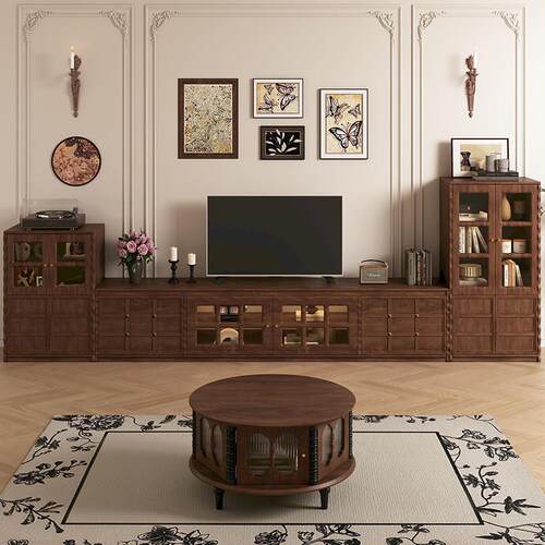 法式复古落地电视柜实木客厅储物中古风模块组合展示骨骼线棋巧柜