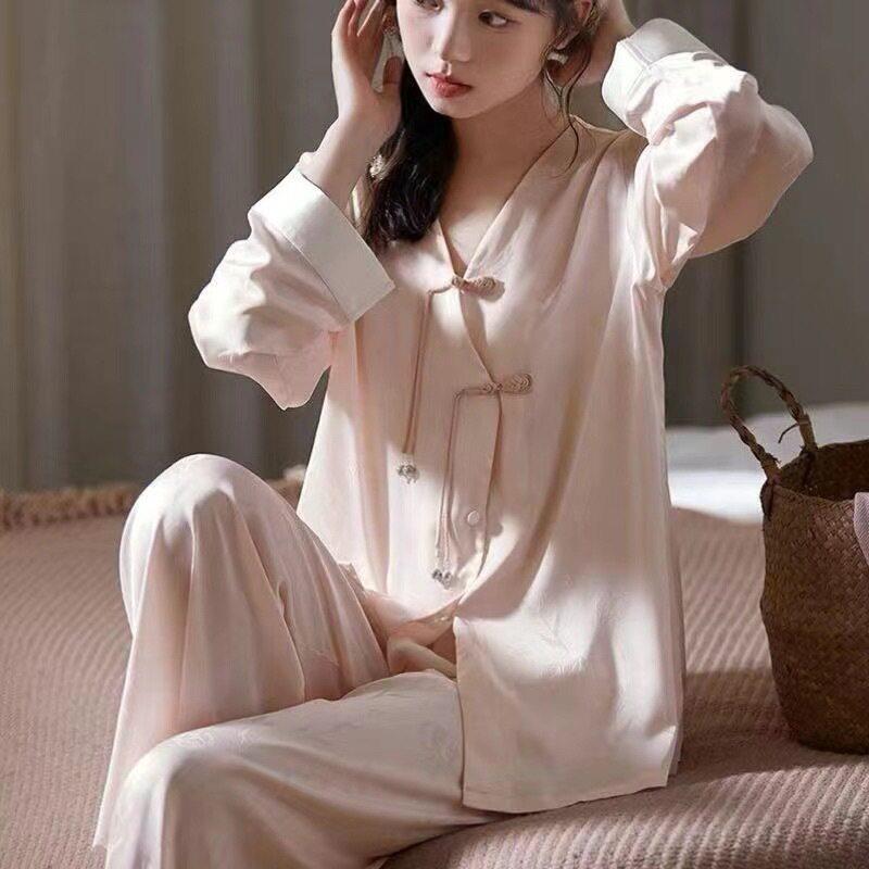 新中式睡衣冰丝女款2025新款春秋季高级感国风盘扣长袖居家服套装