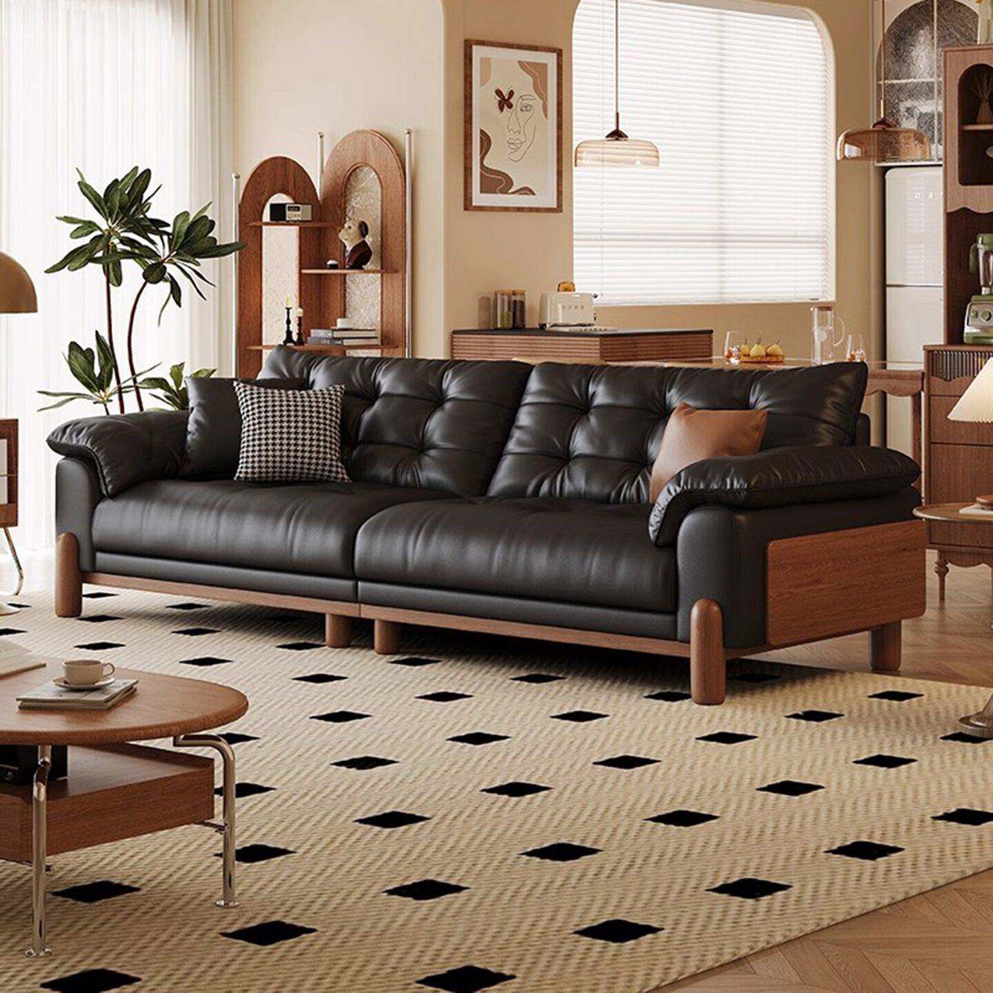 中古风客厅真皮沙发复古头层牛皮2026新款小户型云朵黑色实木沙发