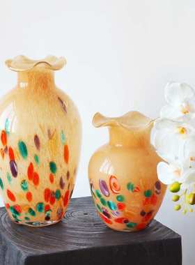 法式中古手绘奶玉彩绘黄彩点点琉璃花瓶小众艺术中古花器家居摆件