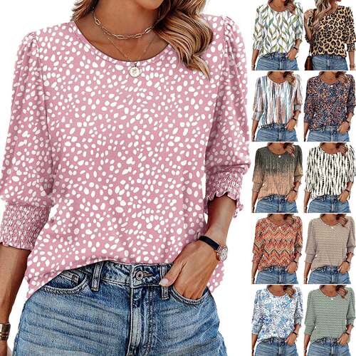 Womens 3/4 Sleeve Casual Tops Solid Color Crew Neck Loose