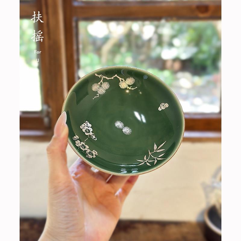 扶摇中式青璃高足茶点果盘梅松竹高温陶瓷茶室氛围摆件高脚干果盘