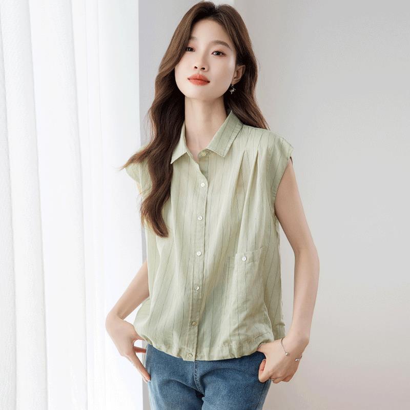 棉麻短袖衬衫女夏季2026爆款宽松显瘦条纹漂亮小衫高级感减龄上衣
