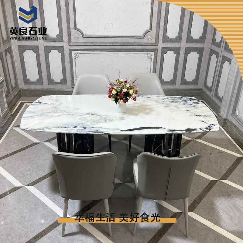 轻奢大理石餐桌组合现代简约吃饭桌子家用带转盘大理石长方桌小户