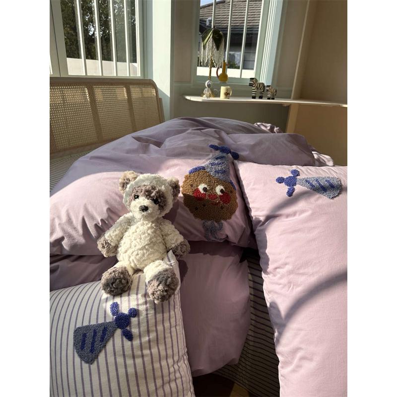 小饼干 | 四件套水洗棉紫色毛巾绣条纹床单被套床上用品