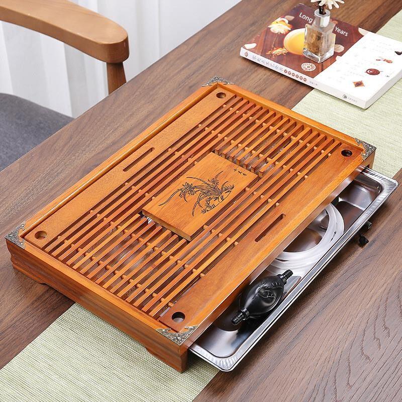 实木小茶盘矩形功夫茶具排水盘抽屉式不锈钢水盘木制茶几