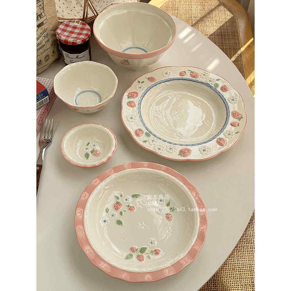安木良品厂订购新鲜田园草莓花釉下彩陶瓷餐具盘，汤碗盘