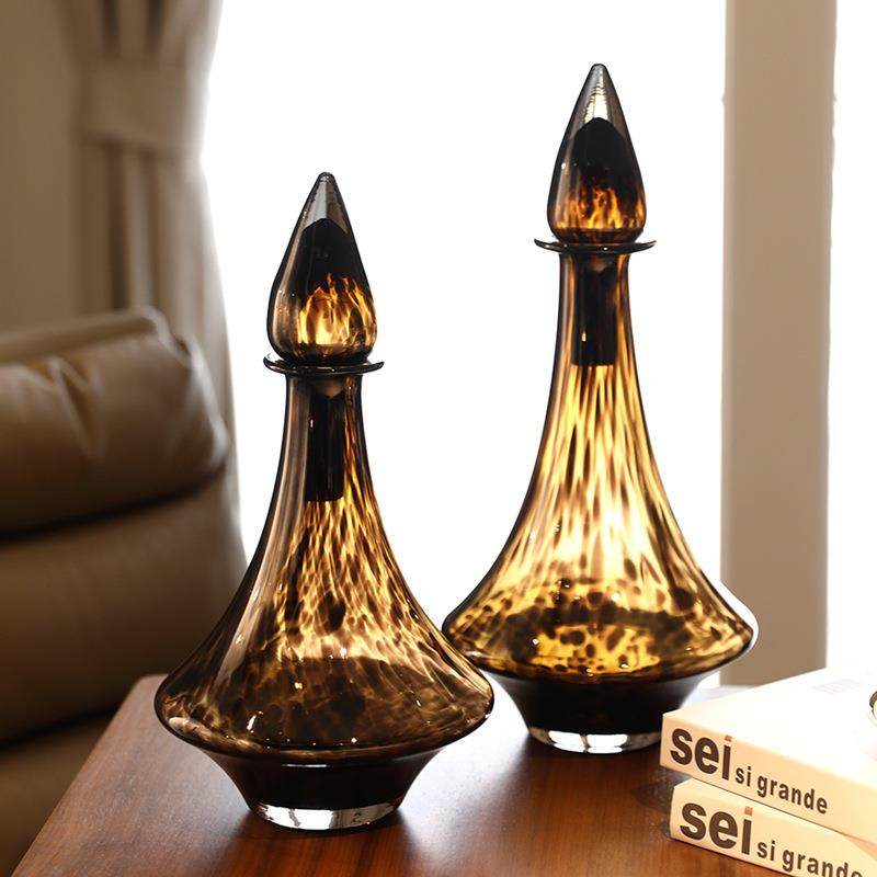 中古创意豹纹玻璃花瓶摆件复古高级样板房桌面门店软装设计摆件