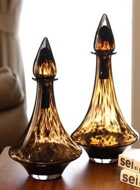 中古创意豹纹玻璃花瓶摆件复古高级样板房桌面门店软装设计摆件