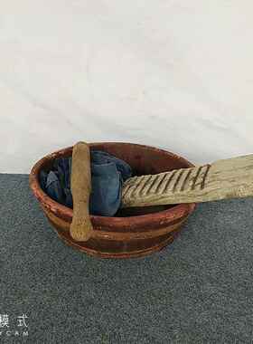 民俗老物件怀旧农村古代老式洗衣盆工具搓衣板木盆棒槌道具摆件