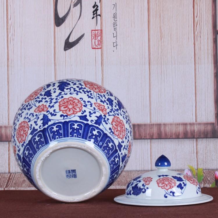 景德镇陶瓷工艺品青花釉里红缠枝莲储物罐带盖陶瓷罐摆件