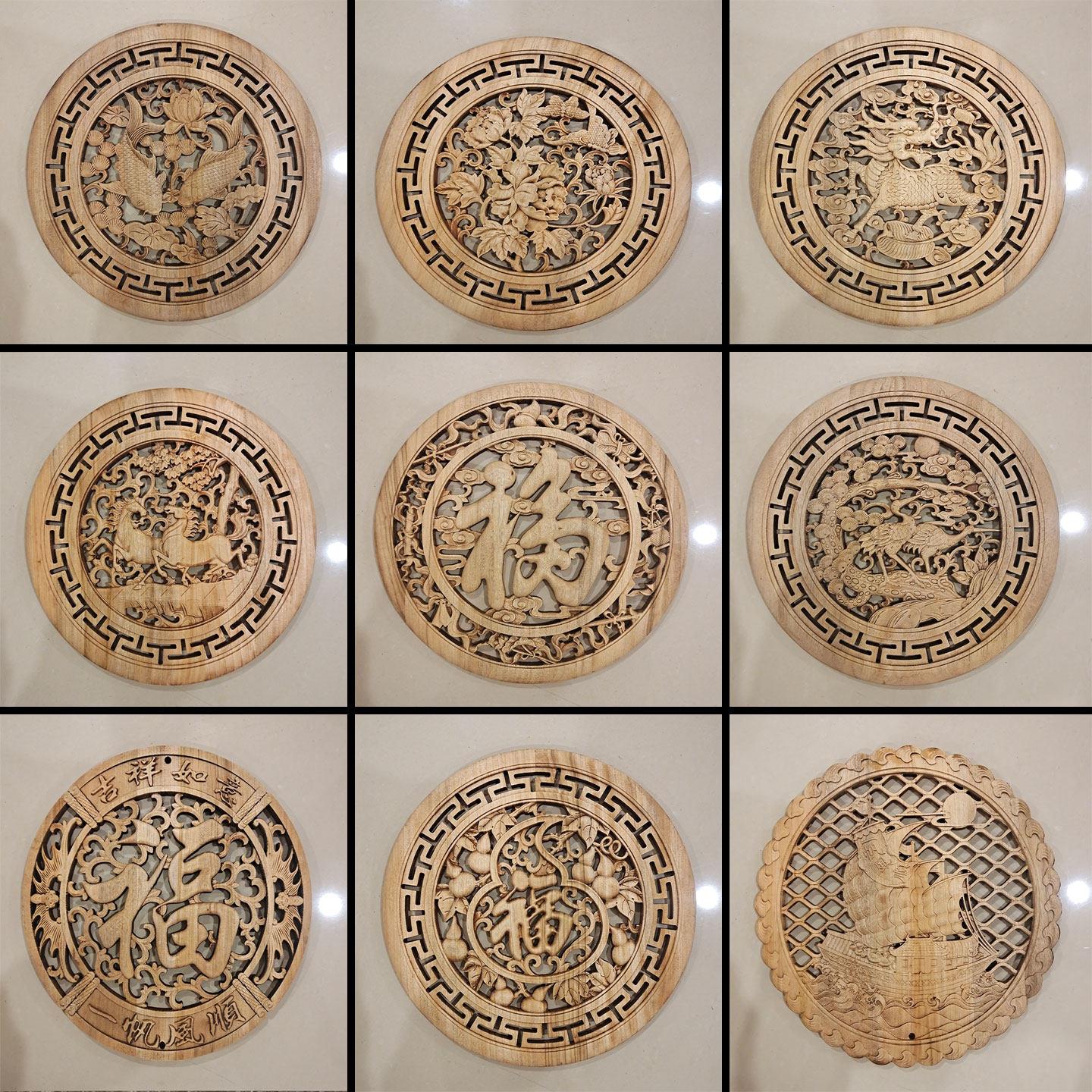 新中式东阳木雕圆形挂件壁饰木雕画香樟实木雕刻工艺品背景墙38cm
