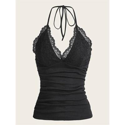 Lace V-neck Halter Top Women Summer Sexy Grunge Punk Goth Ba