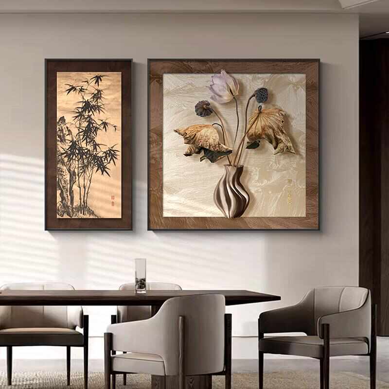 壁画荷花寂背景两联装饰画墙餐厅客厅卧室侘复古肌理挂画禅意风感图片