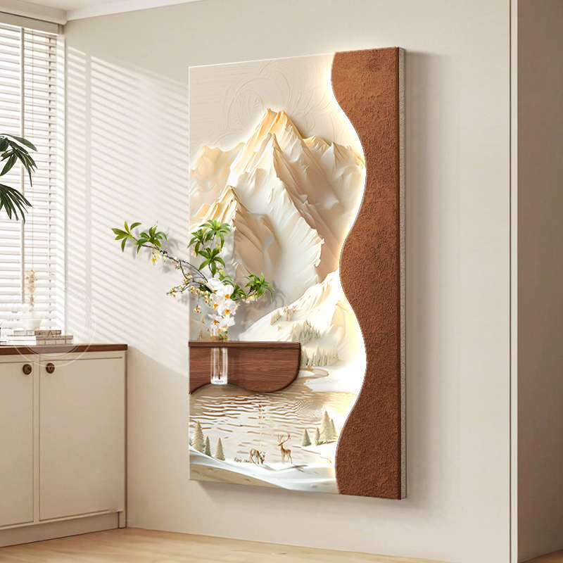 原木奶油风玄关装饰画背有靠山走廊尽头壁画高级感入户正对门挂画