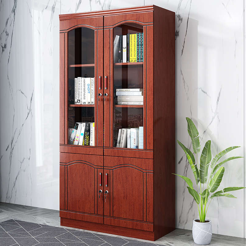 新款办公文件书柜落地资料柜玻璃门资料架带抽屉组装式木质收藏储