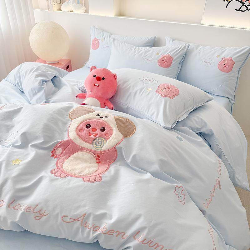 清新天空蓝全棉可爱卡通贴布绣四件套卢比熊亲肤舒适学生床品套件,床上用品,床垫/床褥/床护垫/榻榻米床垫,淘宝优惠券,粉丝福利购,淘宝优惠卷
