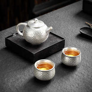 手工錘紋999純銀鎏銀養(yǎng)生泡茶壺手作茶具禮品浮雕功夫西施大茶壺
