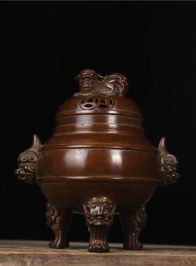 精品典藏苏工精炼铜兽耳狮钮熏炉铜器古玩家居书房客厅摆件