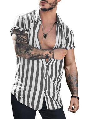 K 13002 Men's striped lapel loose short cardigan 士条纹翻