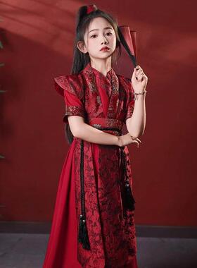 红色古装花木兰汉服女孩复古侠客风中国风cos剑客武侠少儿演出服