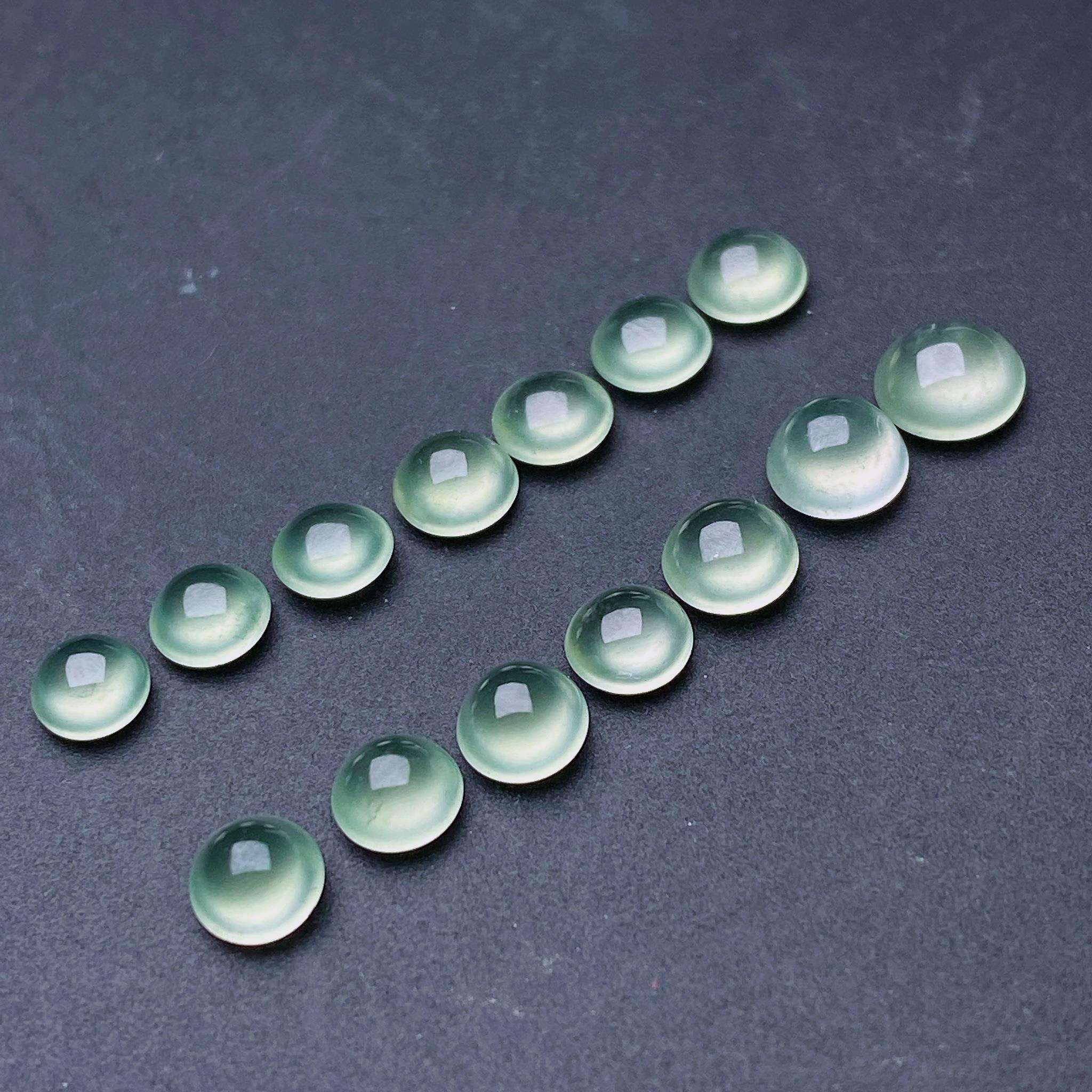 缅甸天然翡翠a货冰种晴水蛋面一手卡5-3.3，4.6mmfxj旦面裸石镶嵌