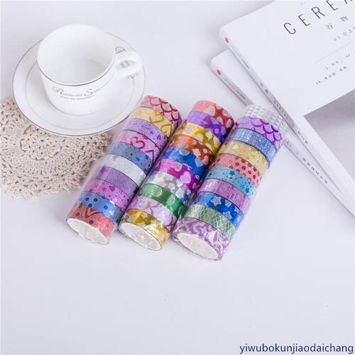创意DIY手工粘贴装饰花边彩色闪光金葱纸金粉胶带胶条10色/桶