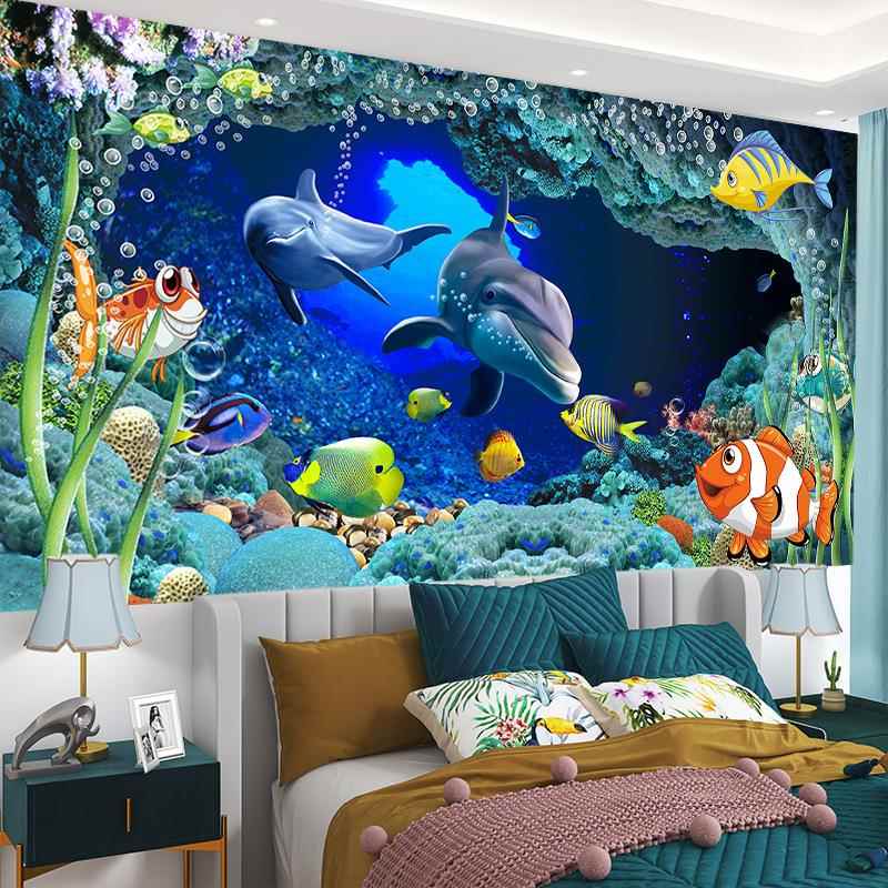 儿童房海洋壁画主题卧室海底世界墙贴画大幅整张自粘墙纸