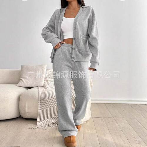 Womens Autumn Winter Casual Set Long Sleeve Button Front